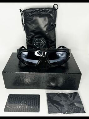 🔥PHILIPP PLEIN SPP153 Geometric Sunglasses - Shiny Black/Grey (New in Box)